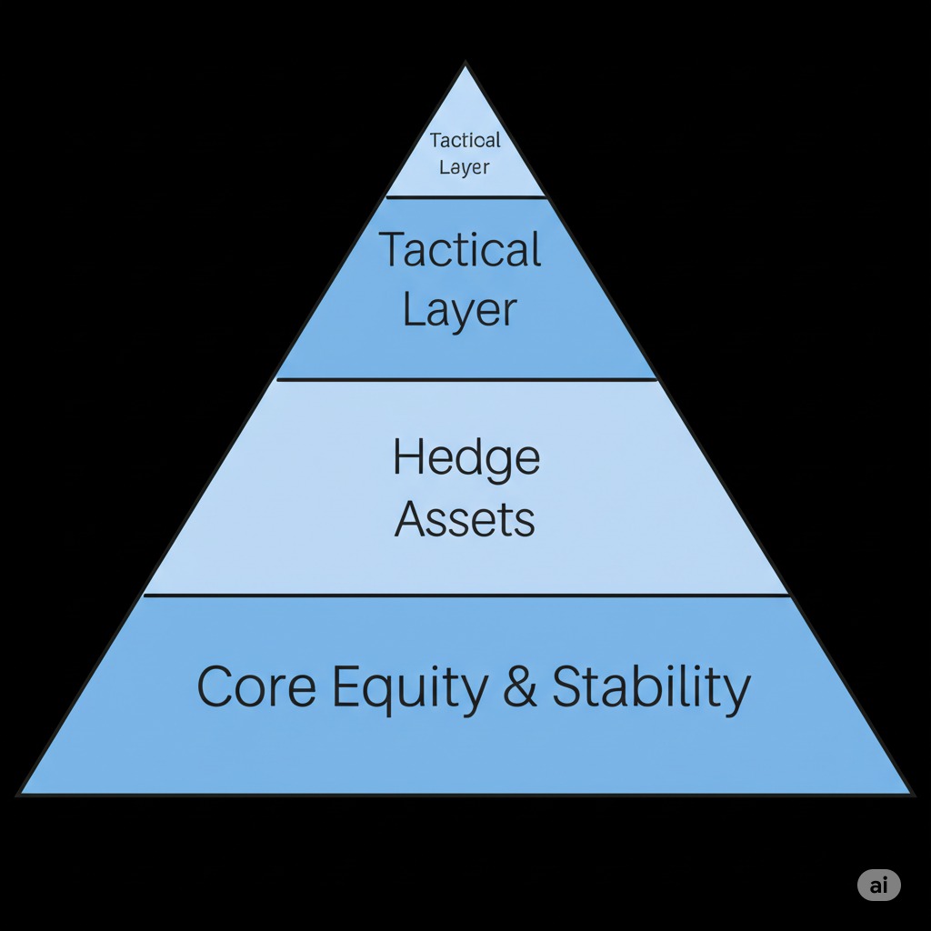 All-weather portfolio blueprint diagram with Core, Stability, Hedge, and Tactical layers